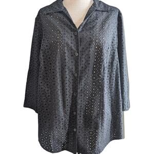 Womens Allison Daley Cotton Blouse 16W Black Blend Embroidered Eyelet Button Up